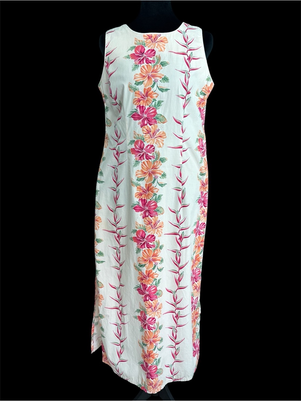 JL Hawaii Floral Maxi Dress in White with Orange & Pink Botanical Print. Size M